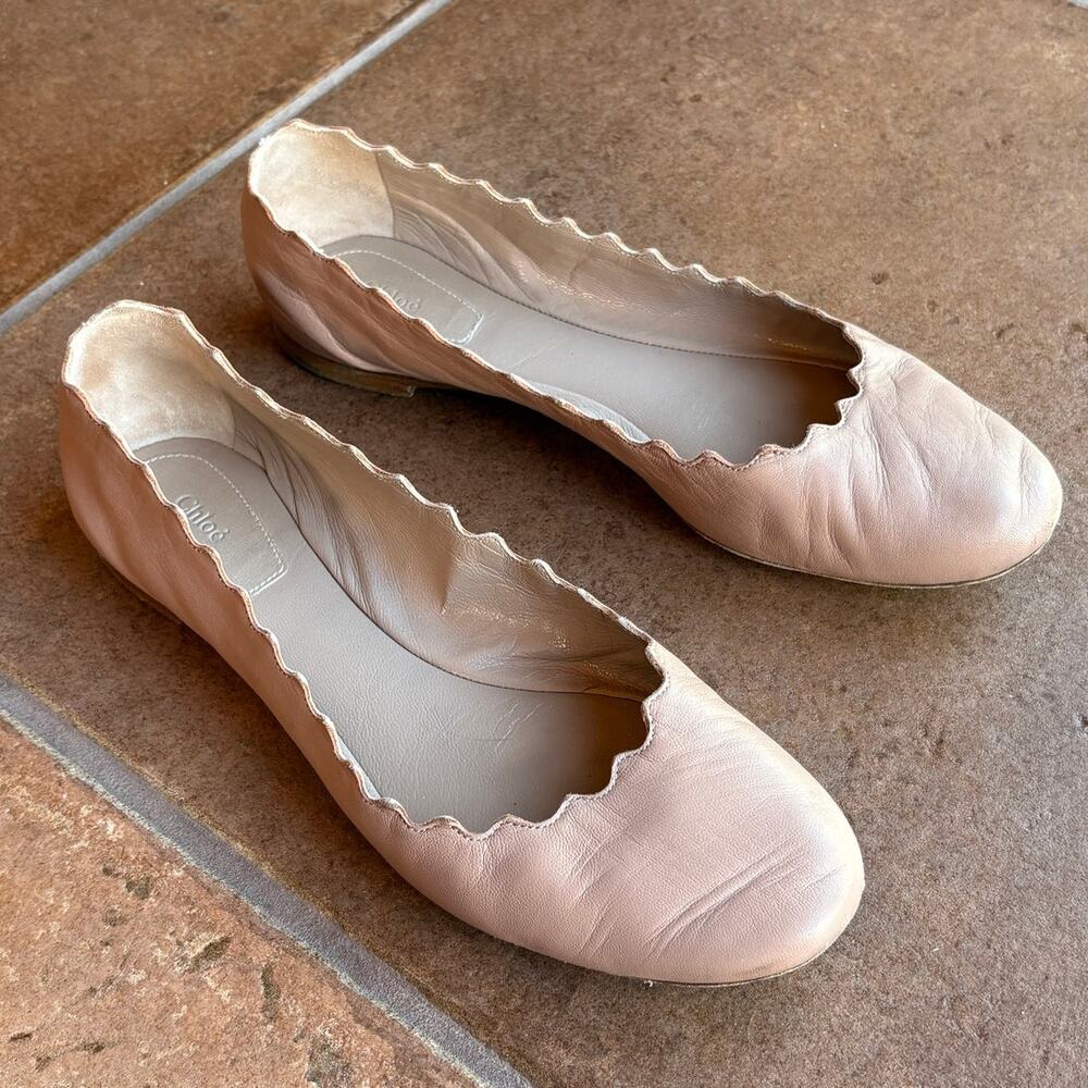 Chloe Lauren Ballerina Scalloped Edge Leather Flats Rosy Beige size 38/8 US - Picture 11 of 16
